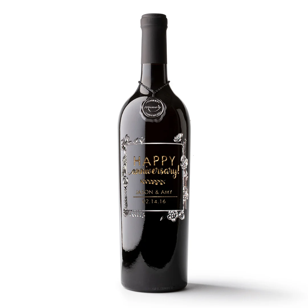 Anniversary Flower Frame Custom Etched Wine Bottle - Image 3
