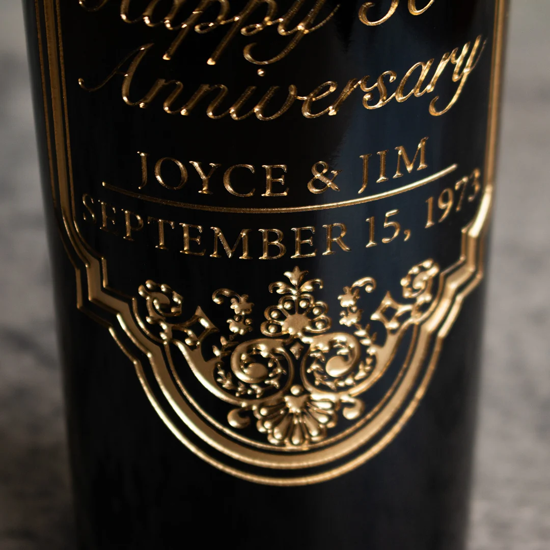 Gold 50th Anniversary Classic Frame Custom Etched Wine Bottle - Image 6