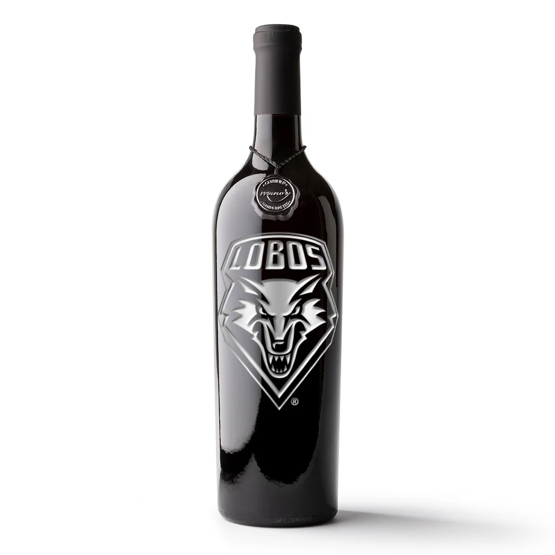 University of New Mexico Lobos Etched Wine Bottle